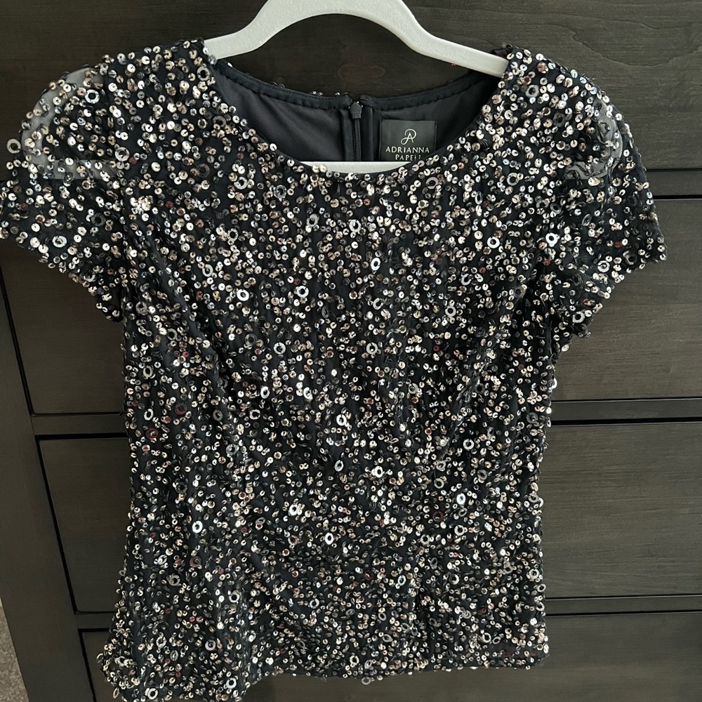 Adrianna Papell Dark Navy and Silver Sequin Blouse